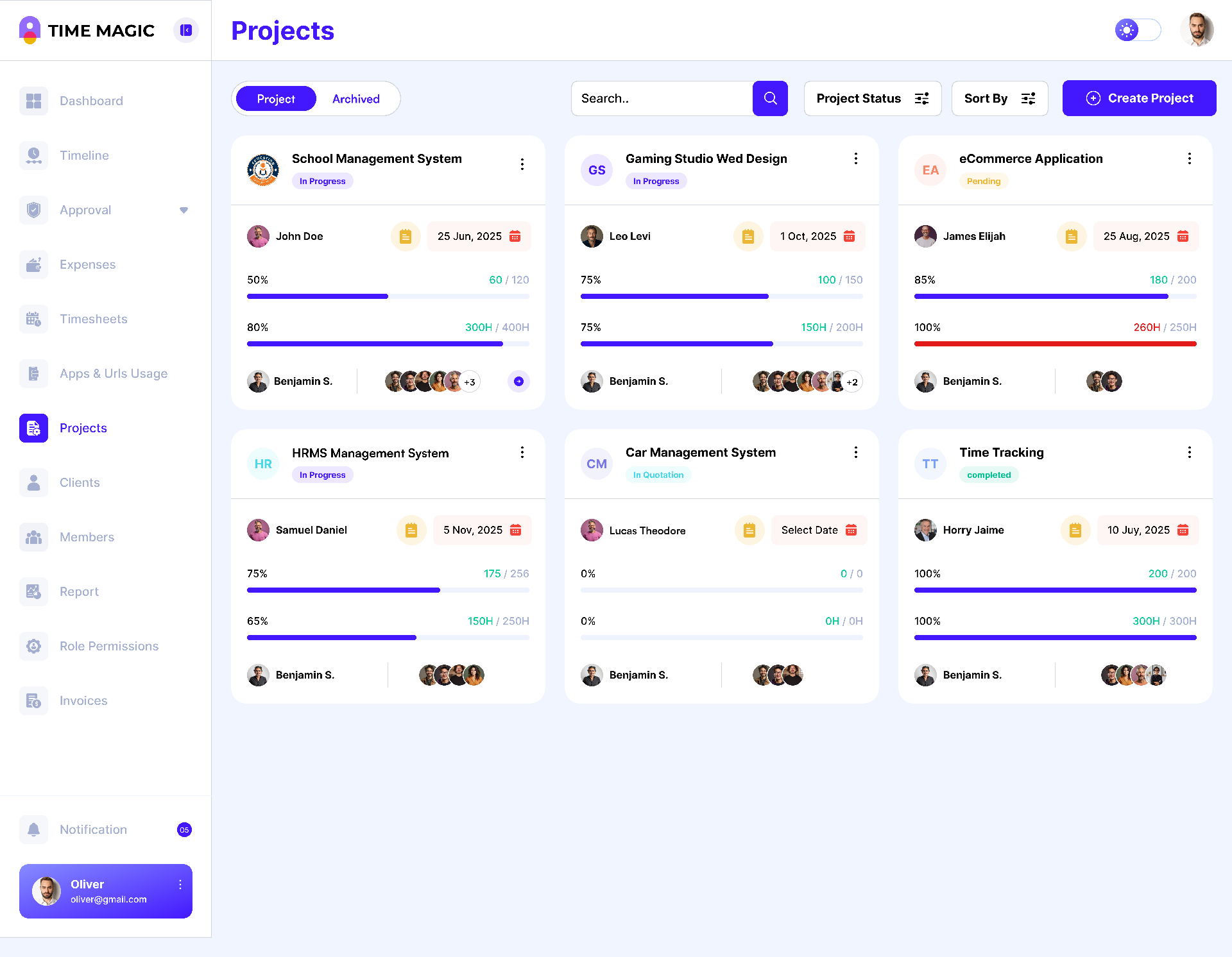 TimeMagick project management view with progress bars and team assignments