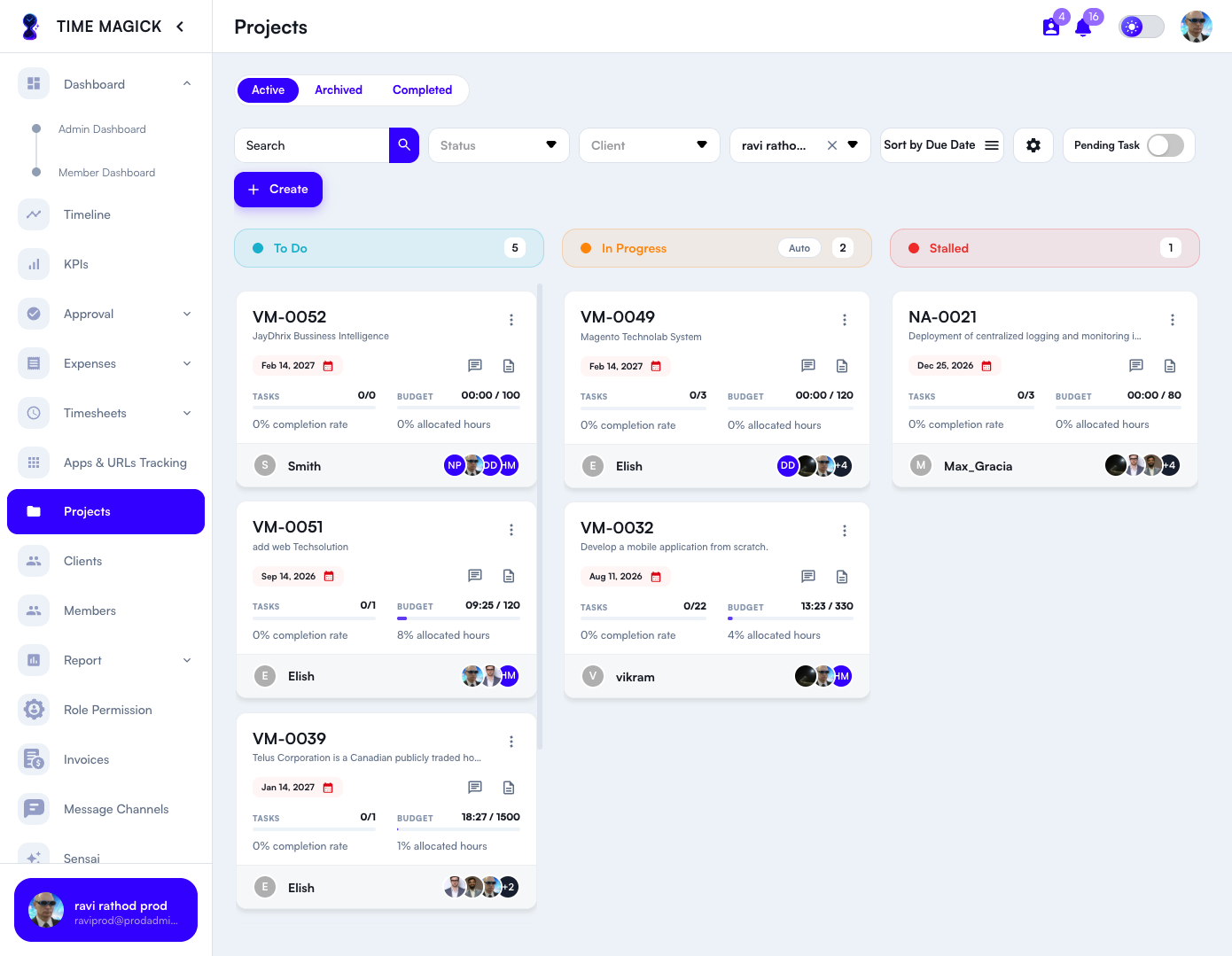 TimeMagick project management interface